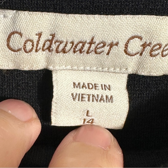 Coldwater Creek sz L/14 tunic, black w/brown trim, 3/4 sleeves, fall, autumn - Picture 4 of 10